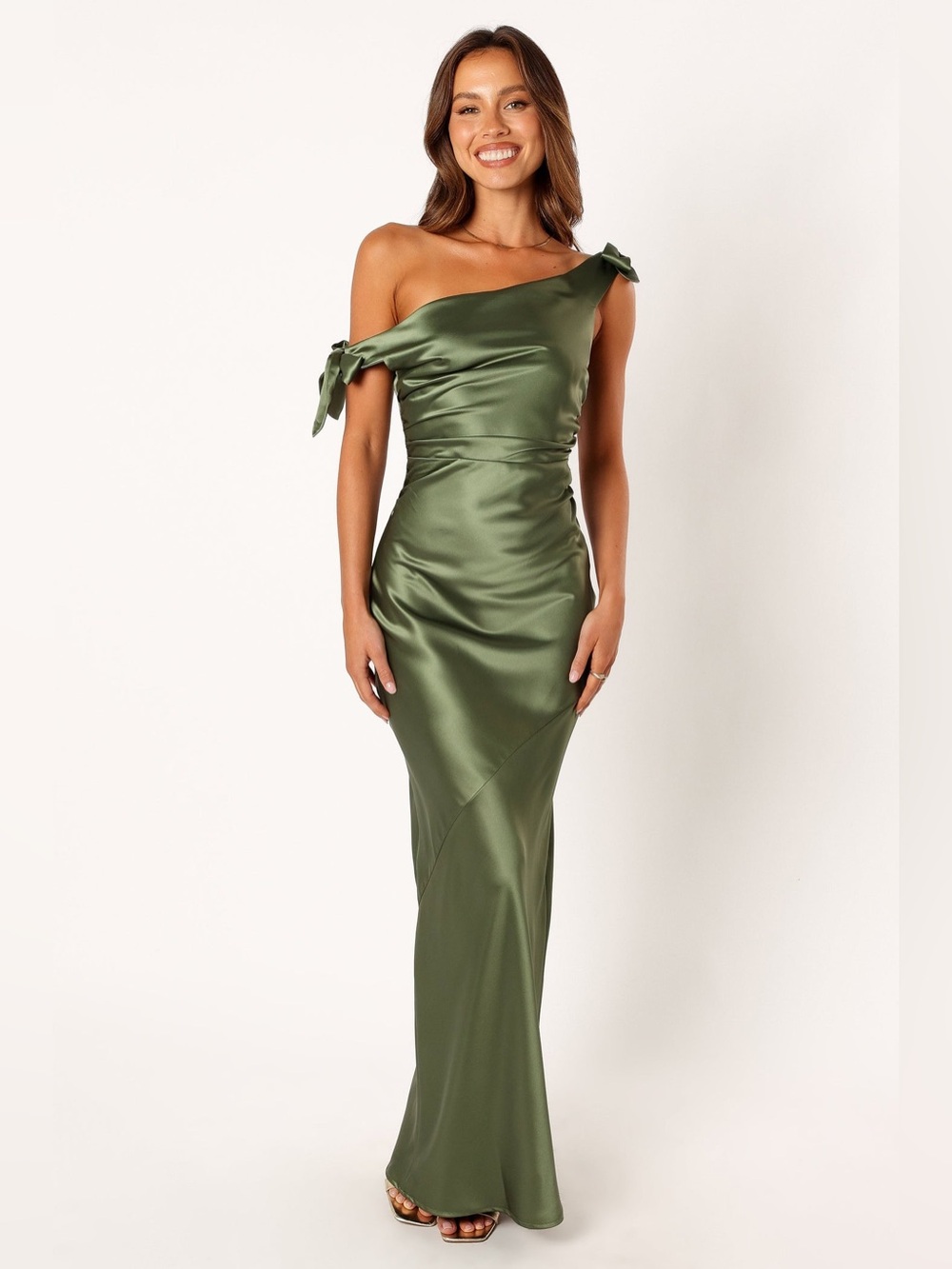 Petal & Pup Selma Off Shoulder Satin Maxi Dress Size Medium Olive Green